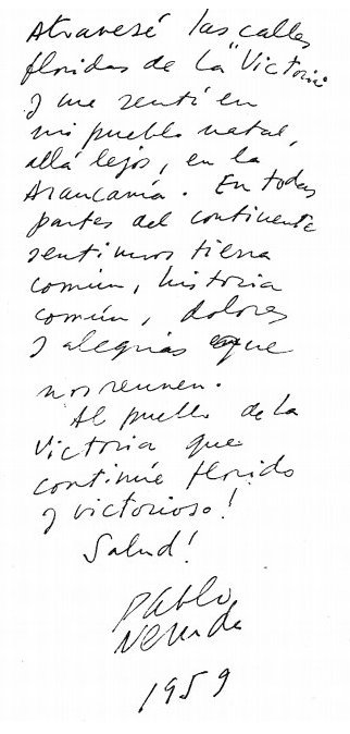 Nota de Pablo Neruda sobre La Victoria